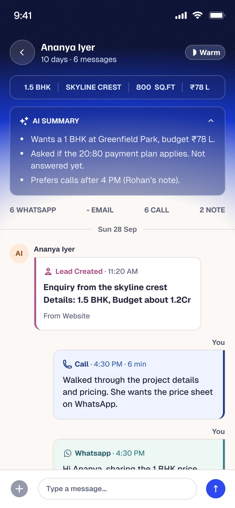 Conversation with Ananya Iyer: a pinned three-line AI summary above one timeline of WhatsApp, calls and notes