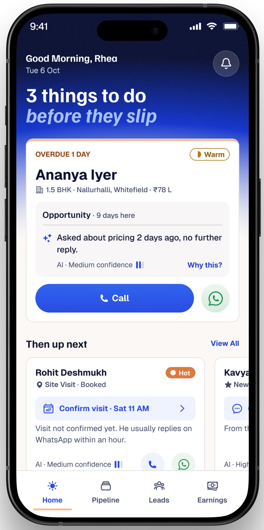 The Nested app on an iPhone: Rhea's Daily Brief, three things to do before they slip, led by an overdue follow-up with Ananya Iyer